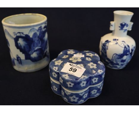 Three items of Chinese blue and white porcelain to include; lidded box of flowerhead form with prunus and cracked ice decorat