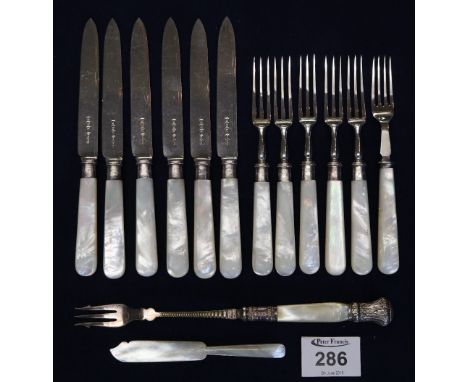 Collection of silver bladed dessert knives and forks with silver collars and mother of pearl handles, together with a similar