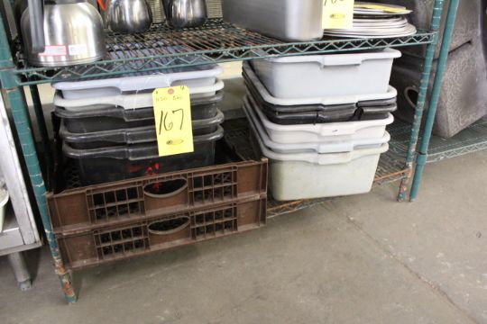 19-DIRTY DISH BINS AND ASST. PLASTIC TRAYS