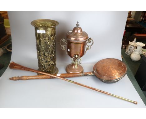 Copper samovar, bed warmer, horn and brass stick stand 