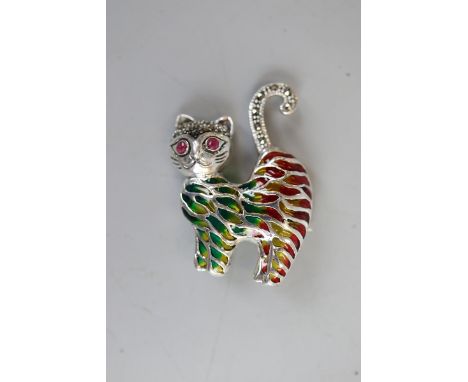 Silver enamel &amp; ruby eyed cat brooch 