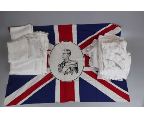 Collection of vintage linen to include Edward VIII Union flag 