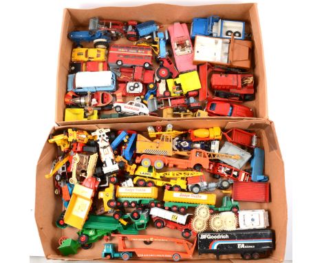 Two trays of loose die-cast model vehicles and cars; mostly Dinky, Corgi and Matchbox including; FAB Lady Penelope's car; Tou