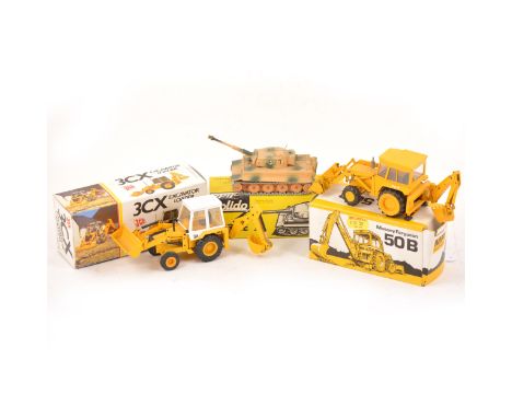 NZG Germany; two 1:35 scale models including, no.216 3CX Excavator Loader, Massey Ferguson 50B, and a Solido no.222 Car Tigre