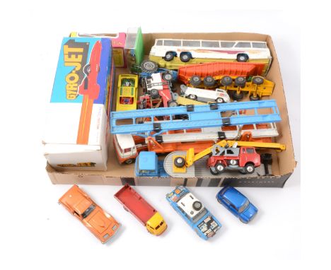 One tray of die-cast models and vehicles; examples by Dinky, Corgi, Matchbox etc, including Vega Luxury Coach; Volkswagen bre