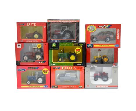 Nine Britains and other makers farm vehicle models; including Britains 00174 Land Rover series 1; 42196 Ford 5000 tractor; 40