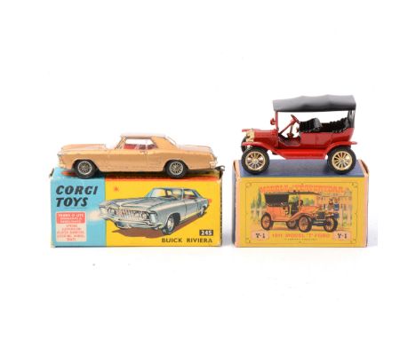 Corgi Toys 245 Buick Riviera, gold body, boxed; and a Matchbox YI Model of Yesteryear 1911 Model 'T' Ford, red body, boxed.