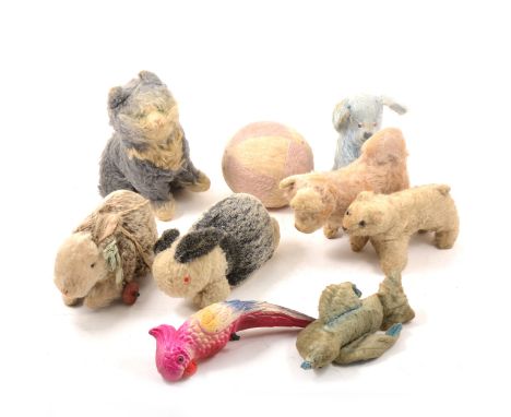 Eight 1930s plush soft animal toys, some straw filled, including Chad Valley dove, rabbit, and others without labels, along w