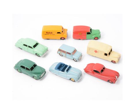Eight Dinky Toy cars and vans, including Austin Mini Countryman; Austin Atlantic; Morris Oxford; Studebaker; Jaguar XK120; Be