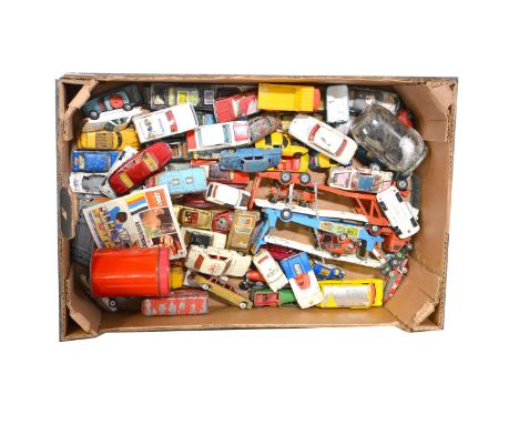 Box of play-worn die-cast models and cars; mostly Dinky Toys, Corgi Toys.