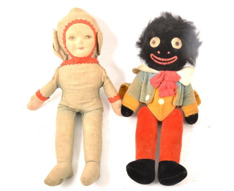 A Chad Valley golly doll, with blue tail jacket, red trousers, 29cm, and a Dean's Rag Doll child in Pixie costume, 34cm.