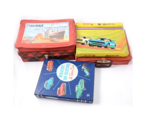 Five carry cases of die-cast models, including examples by Hotwheels; Husky; Matchbox; Mattel and others, cases include Minia