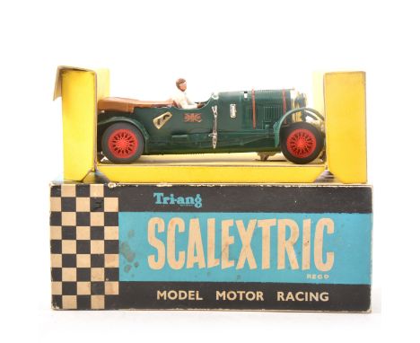 Tri-ang Scalextric slot-car racing model car; C/64 Bentley (1929), green body, red spoke hub, brown back cover, no.19 sticker