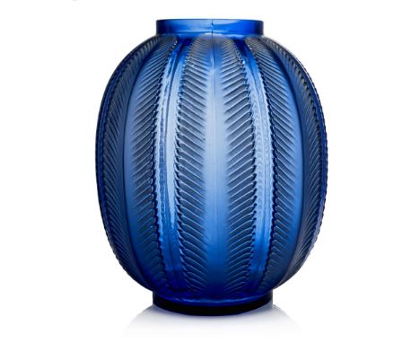  RENÉ LALIQUE (1860-1945) BISKRA VASE, NO. 1078 designed 1932sapphire blue, and white stainedstencilled R. LALIQUE FRANCE 29.