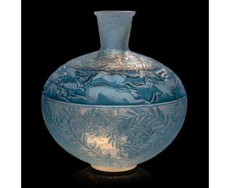  RENÉ LALIQUE (1860-1945) LIÈVRES VASE, NO. 942 designed 1923cased opalescent, and blue stainedengraved R. Lalique France No.