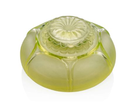  RENÉ LALIQUE (1860-1945) NENUPHAR INKWELL, NO. 425 designed 1910lime green, with clear liner(3) 4cm (1 5/8in) high, 7.2cm (2