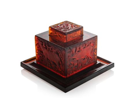  RENÉ LALIQUE (1860-1945) BICHES INKWELL, NO. 427 designed 1912deep amber, and white stainedlater wheel-engraved R. LALIQUE F