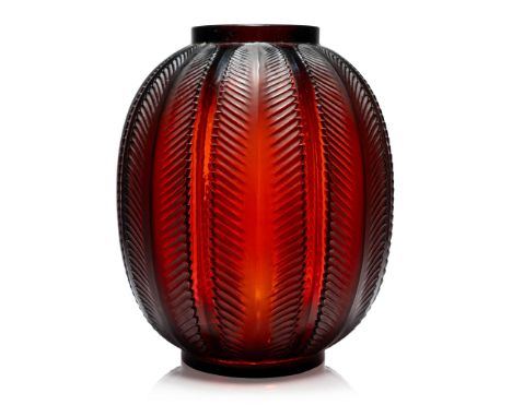 RENÉ LALIQUE (1860-1945) BISKRA VASE, NO. 1078 designed 1932deep amber, and white stainedstencilled R. LALIQUE FRANCE 30cm (