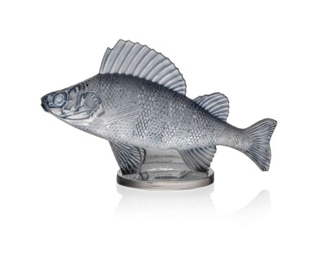  RENÉ LALIQUE (1860-1945) PERCHE CAR MASCOT,  NO. 1158 designed 1929clear, frosted and blue stainedmoulded R. LALIQUE, wheel-