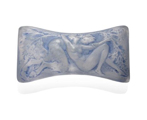  RENÉ LALIQUE (1860-1945) FAUNE ET NYMPHE BLOTTER, NO. 153 designed 1920clear, frosted and blue stained, later metal rockeren