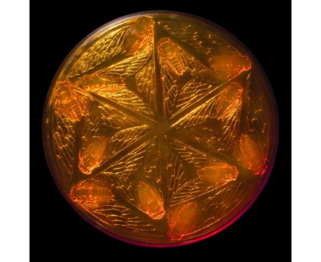  RENÉ LALIQUE (1860-1945) CIGALES BOX, NO. 44 designed 1921butterscotch, with later basecover moulded R. LALIQUE(2) 25.7cm (1