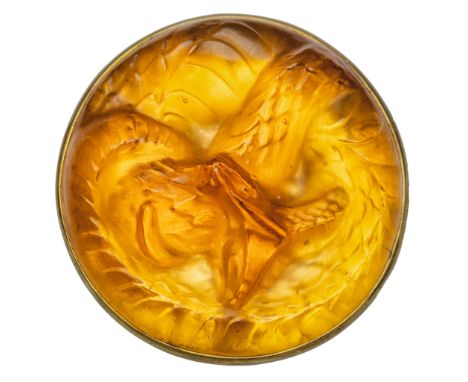  RENÉ LALIQUE (1860-1945) SERPENT HATPIN, NO. designed 1911amber, with moulded mountstamped LALIQUE 4cm (1 ½in) diameter  Thi
