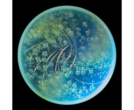  RENÉ LALIQUE (1860-1945) MUGUETS BOX, NO. 41 designed 1921peppermint opalescent, with later basemoulded R. LALIQUE, engraved