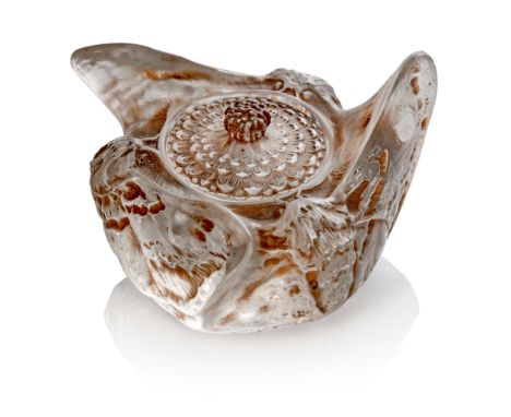  RENÉ LALIQUE (1860-1945) TROIS PAPILLONS INKWELL, NO. 426 designed 1912clear, frosted and sepia stainedengraved Lalique(2) 5