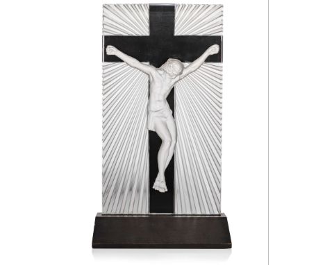  RENÉ LALIQUE (1860-1945) CHRIST, NO. 1203 designed 1931clear, frosted and black enamelled, on stained wood standstencilled R