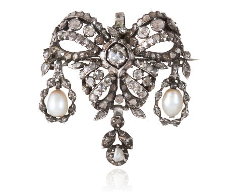 A NATURAL SALTWATER PEARL AND DIAMOND PENDANT / BROOCH, CIRCA 1820 in white gold or silver, the bow motif jewelled with rose 