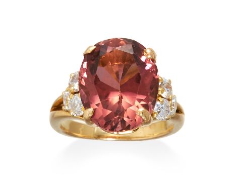 A TOURMALINE AND DIAMOND DRESS RING in yellow gold, jewelled with an oval cut tourmaline in a border of three round cut diamo