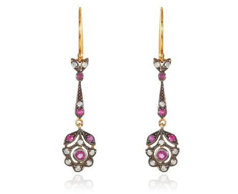 A PAIR OF RUBY AND DIAMOND EARRINGS in gold and silver, each cluster suspended below a jewelled drop, unmarked, 4.0cm, 2.45g.