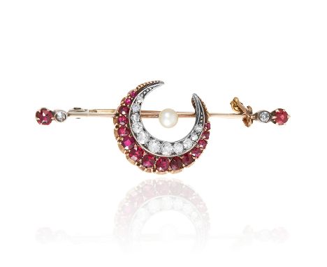 AN ANTIQUE RUBY, PEARL AND DIAMOND CRESCENT MOON BAR BROOCH in high carat yellow gold, depicting a crescent moon jewelled wit