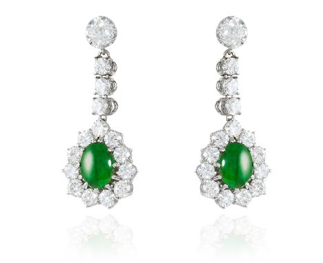 A PAIR OF JADEITE JADE AND DIAMOND EARRINGS in white gold or platinum, jewelled with round cut diamonds suspending a jade cab