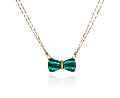 A MALACHITE AND DIAMOND BOW PENDANT in 18ct yellow gold, comprising of a carved malachite bow jewelled with round cut diamond