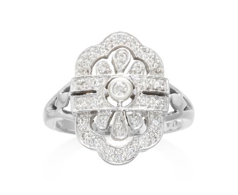 A DIAMOND DRESS RING in 9ct white gold, designed in Art Deco style jewelled with round cut diamonds, stamped 9K, size O / 7, 