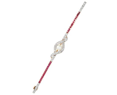 AN ART DECO PEARL, RUBY AND DIAMOND BROOCH in yellow gold and platinum, the central pearl encircled by diamond motifs within 