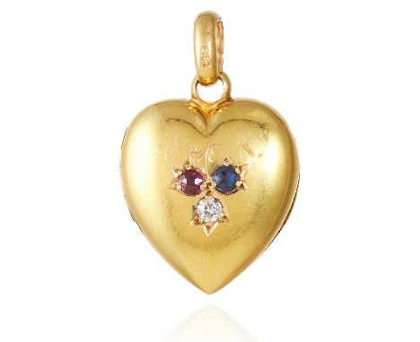 AN ANTIQUE SAPPHIRE, RUBY AND DIAMOND HEART LOCKET / PENDANT in high carat yellow gold, unmarked, 2.5cm, 2.8g.