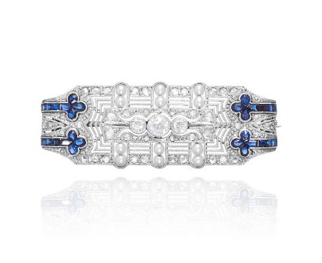 AN ART DECO DIAMOND, PEARL AND SAPPHIRE BROOCH in gold or platinum, in Art Deco design, jewelled with old cut diamonds, fourt