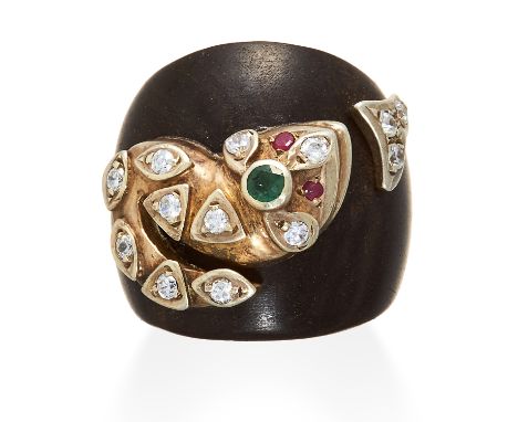 A DIAMOND, EMERALD AND RUBY RING in gold or silver, jewelled with round cut diamonds, emerald and rubies, with the band forme