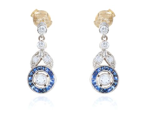 A PAIR OF ANTIQUE DIAMOND AND SAPPHIRE DROP EARRINGS in white gold or platinum, set with round cut diamonds in foliate motif,