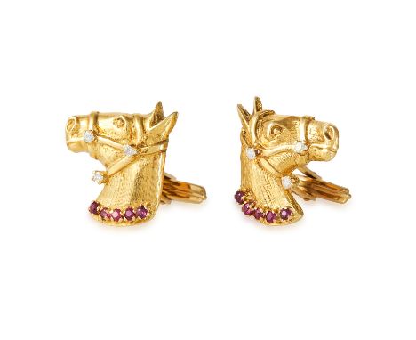 A PAIR OF RUBY AND DIAMOND HORSE CUFFLINKS in 18ct yellow gold, depicting a horse jewelled with round cut rubies and diamonds