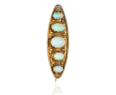 AN ANTIQUE OPAL BROOCH in yellow gold, comprising of five cabochon opals, unmarked, 4cm, 4.55g.