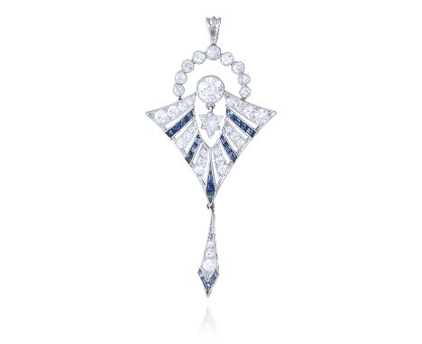 AN ART DECO DIAMOND AND SAPPHIRE PENDANT in white gold or platinum, jewelled with old cut diamonds and step cut sapphires in 