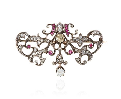 AN ANTIQUE RUBY AND DIAMOND BROOCH, 19TH CENTURY in yellow gold and silver, two principal old cut diamonds totalling 0.70 car