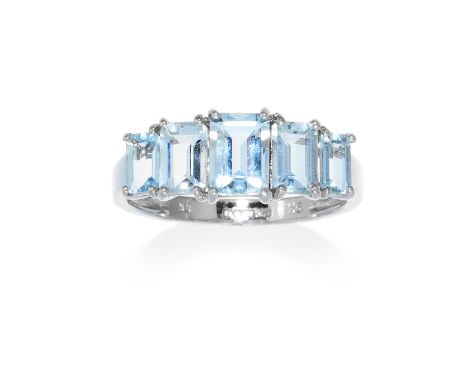 A FIVE STONE AQUAMARINE RING in 9ct white gold, set with five emerald cut aquamarines of graduating size, stamped 9K, size Q 