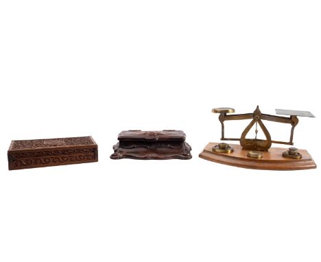 An early 20th century treen stamp box, together with a French stamp box pen stand and a  set of brass and mahogany letter sca