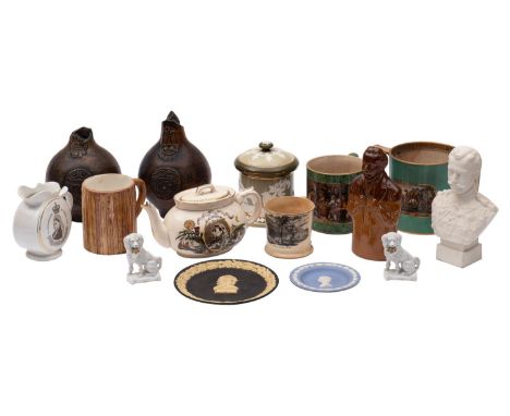 A mixed group of ceramics, including two large Bellarmine fragments, a Doulton Lambeth Lloyd George reform flask, a Robinson 