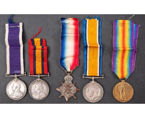 A Boer War WWI group of  five to '159137 R Cudmore  PO 1 RN', Queen's South Africa Medal (HMS Perlorus), 1914-15 Star War Med