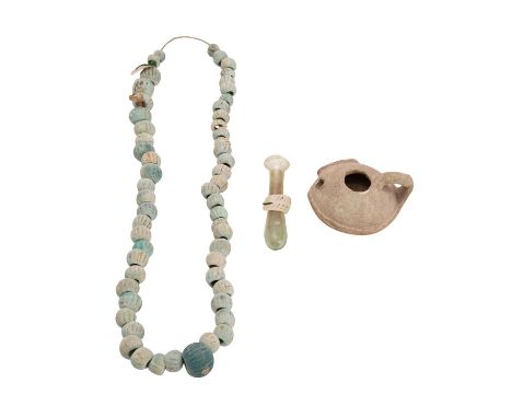 A Roman glass phial together with an antique  bead necklace, both with manuscript labels dated '1878'  and a Roman pottery oi